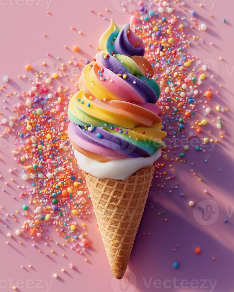 An ice cream cone with rainbow sprinkles on a pink background photo