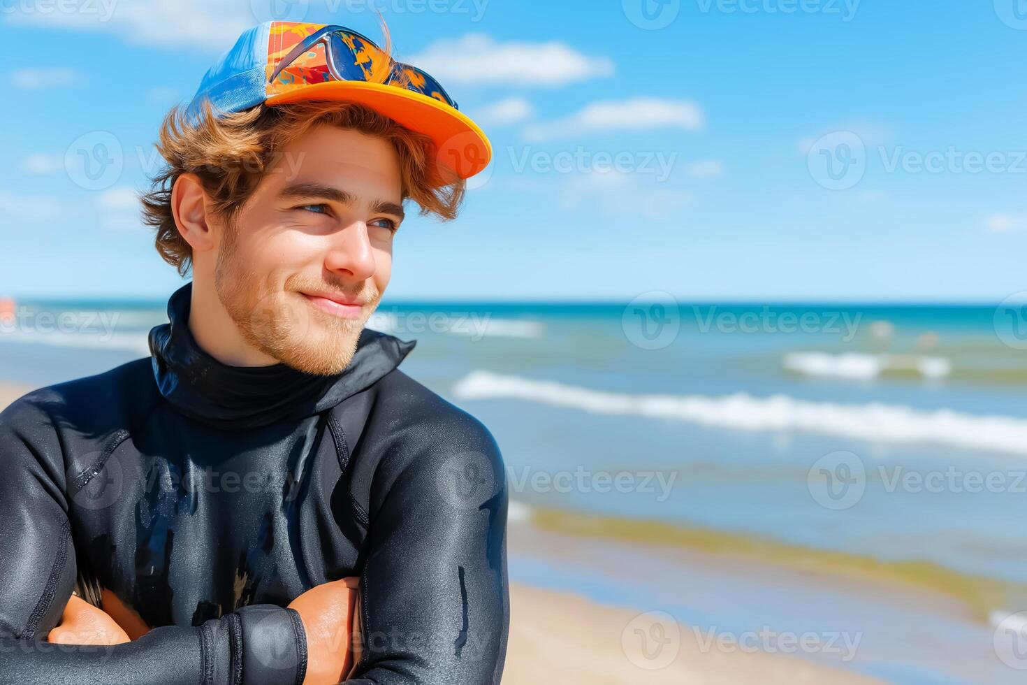 A young man in a wetsuit and orange hat on the beach photo