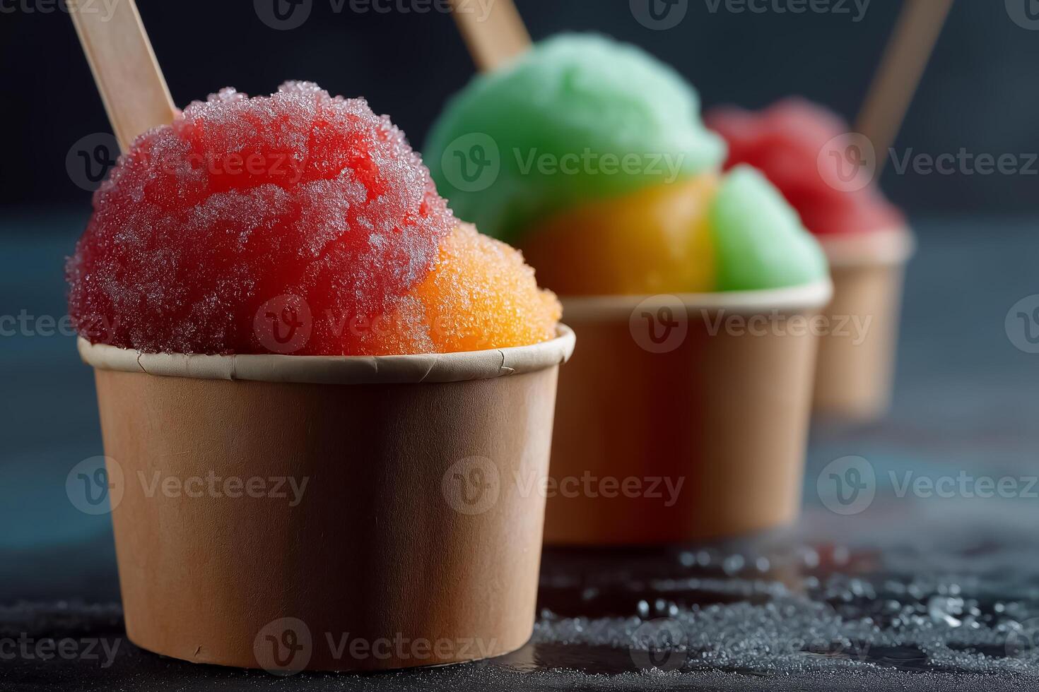 Three ice cream cups with different colored ice cream photo