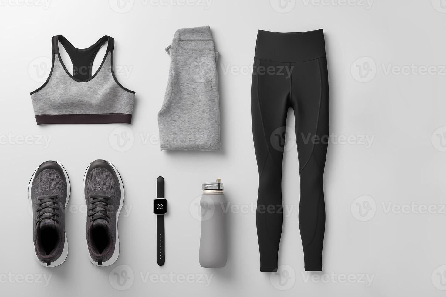 A black sports bra top, leggings, shoes and other items photo