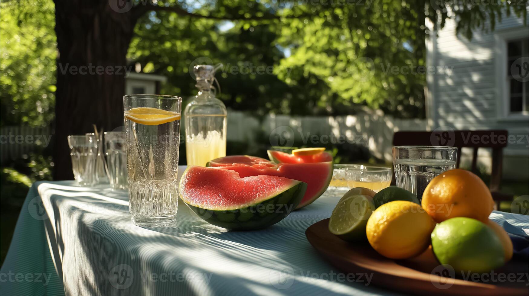 A table with watermelon, lemons and limes on it photo