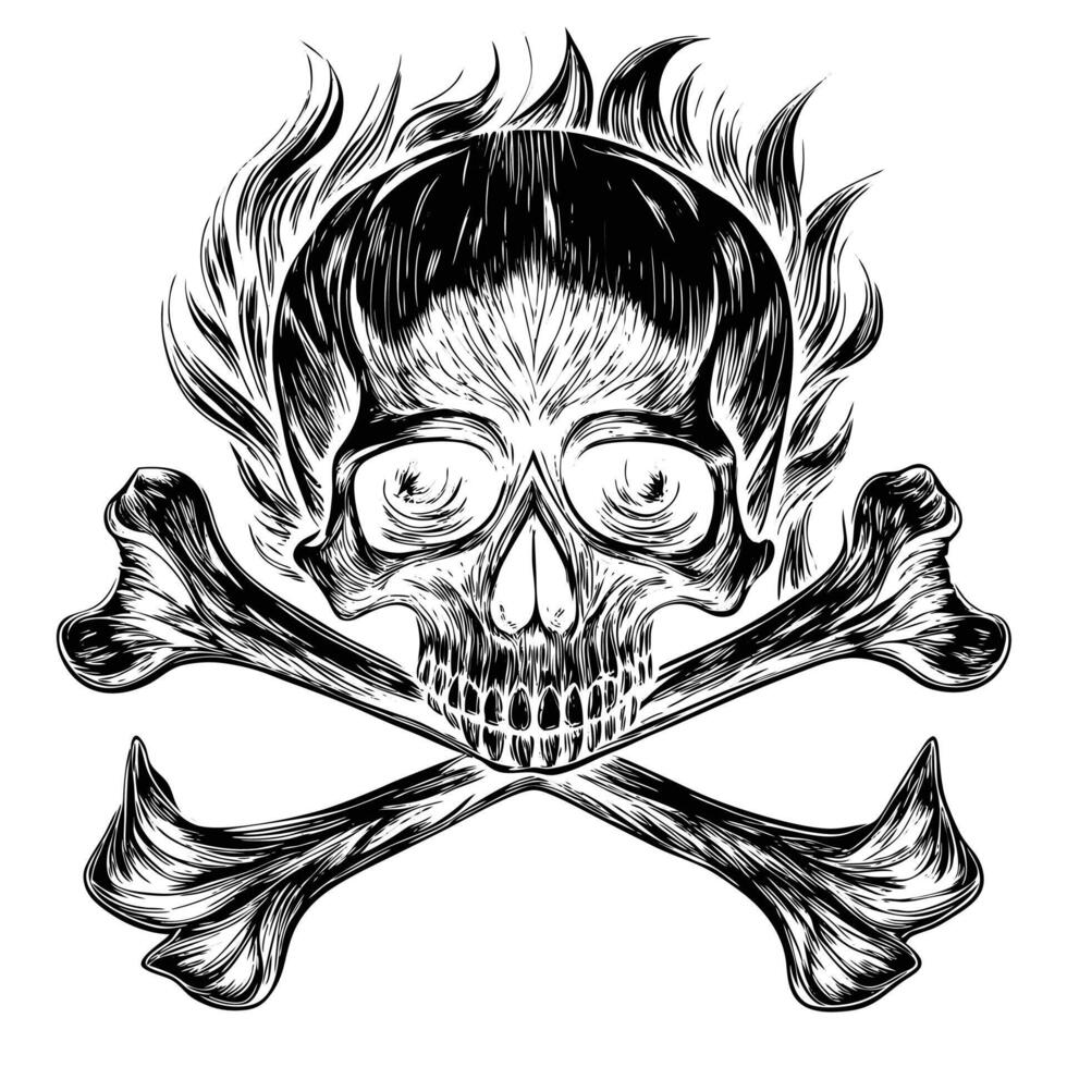 fuego cráneo con calor negro y blanco silueta cráneo tibias cruzadas tatuaje diseño vector