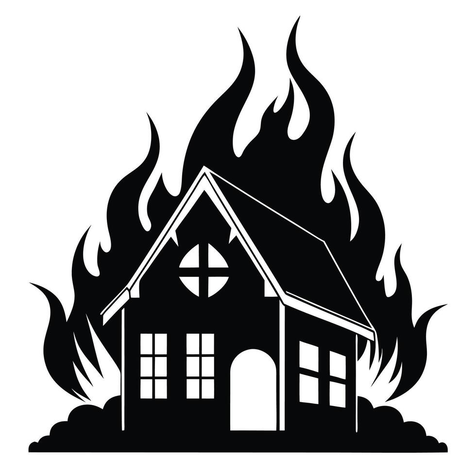 Illustration of a house on fire, silhouette on white background vector