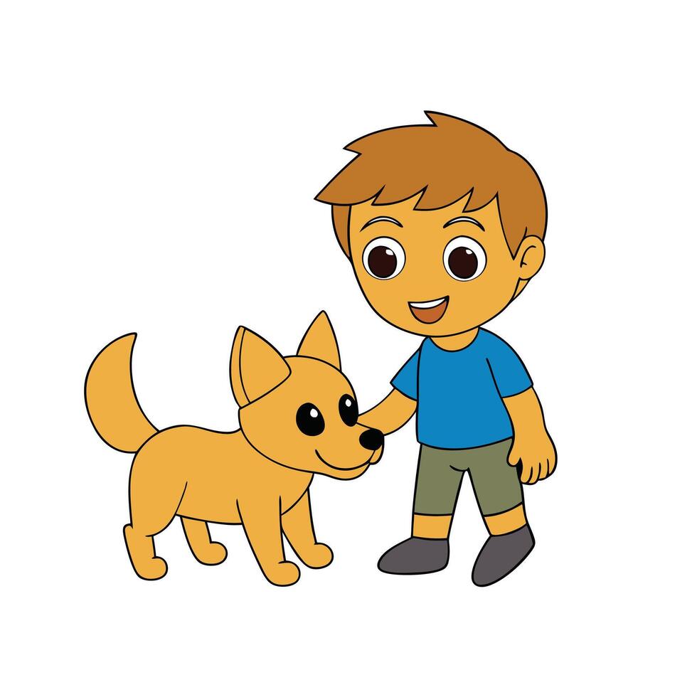 cute little boy with dog mascot Kawaii style illustration vector