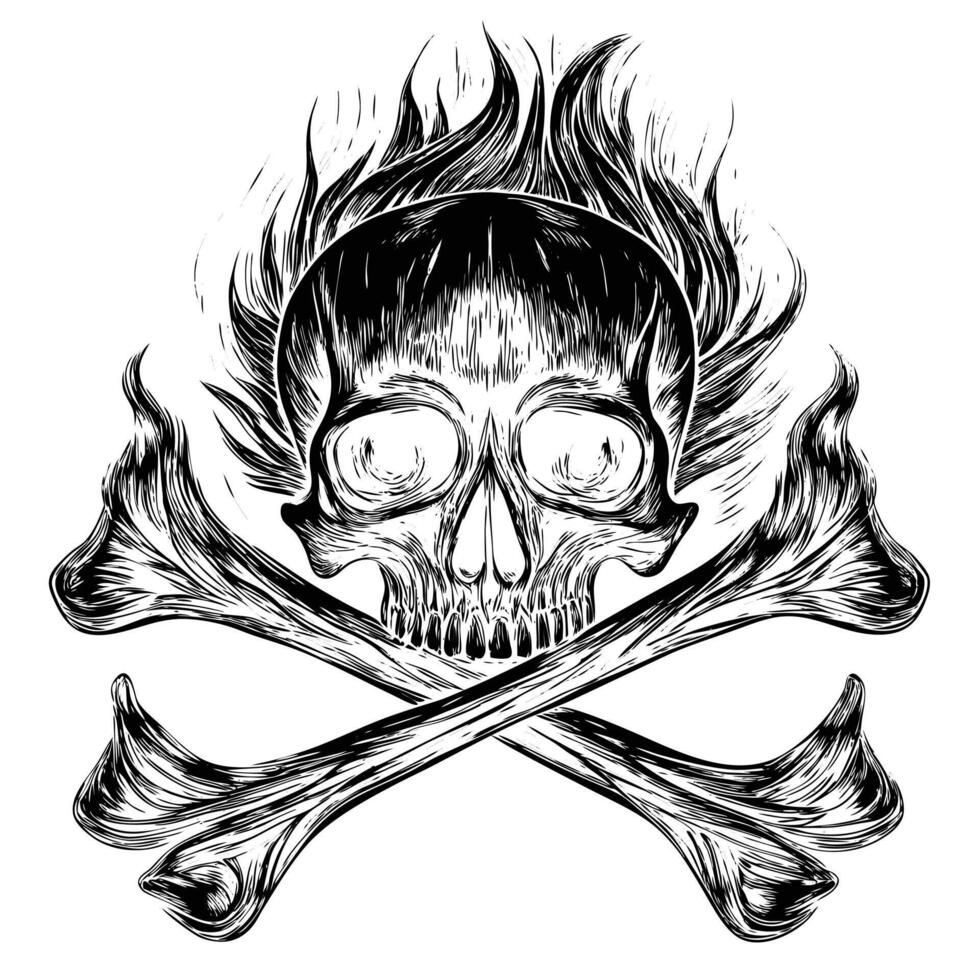 fuego cráneo con calor negro y blanco silueta cráneo y tibias cruzadas tatuaje diseño vector