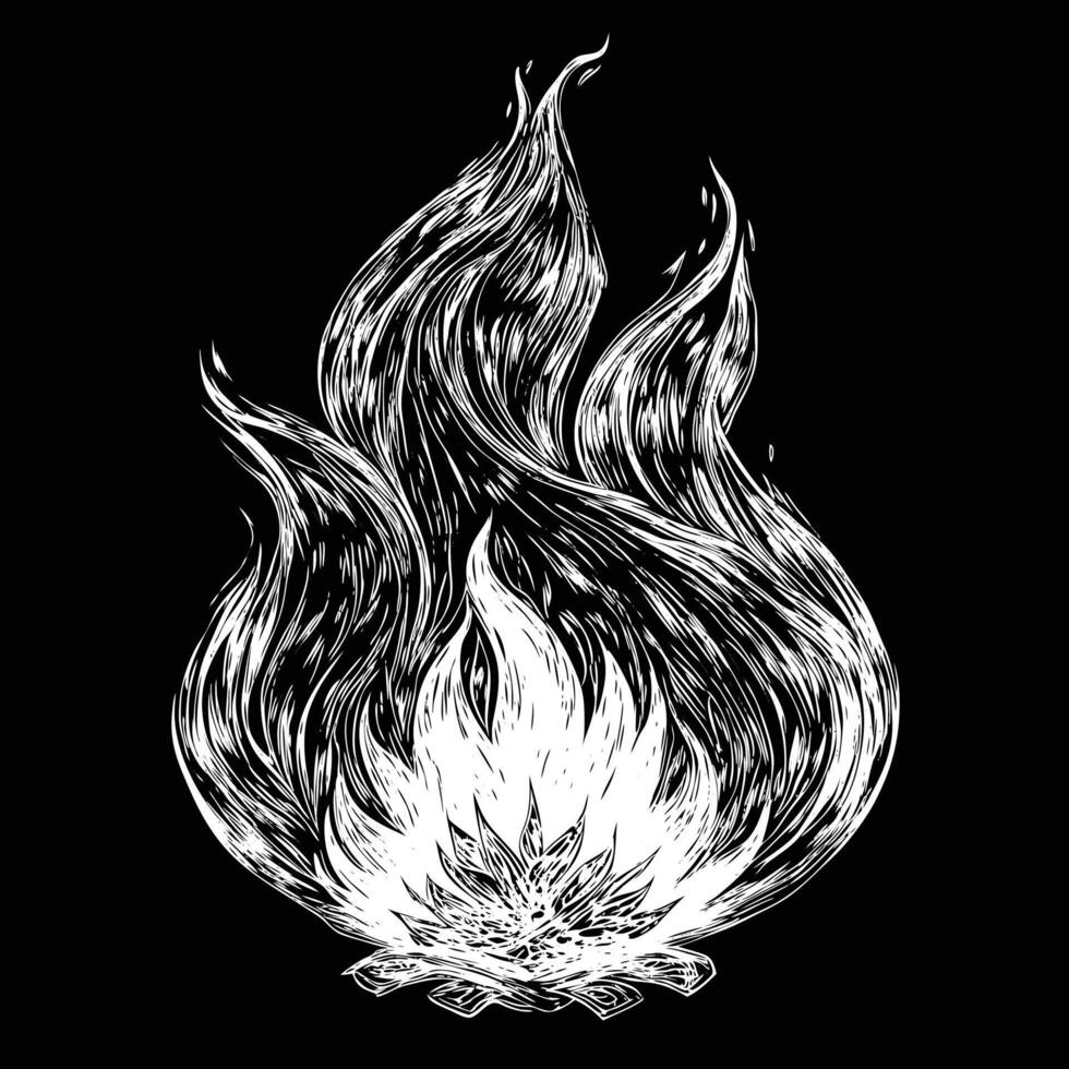 Fire line drawing, night time drawing of a fire with flames and smoke vector