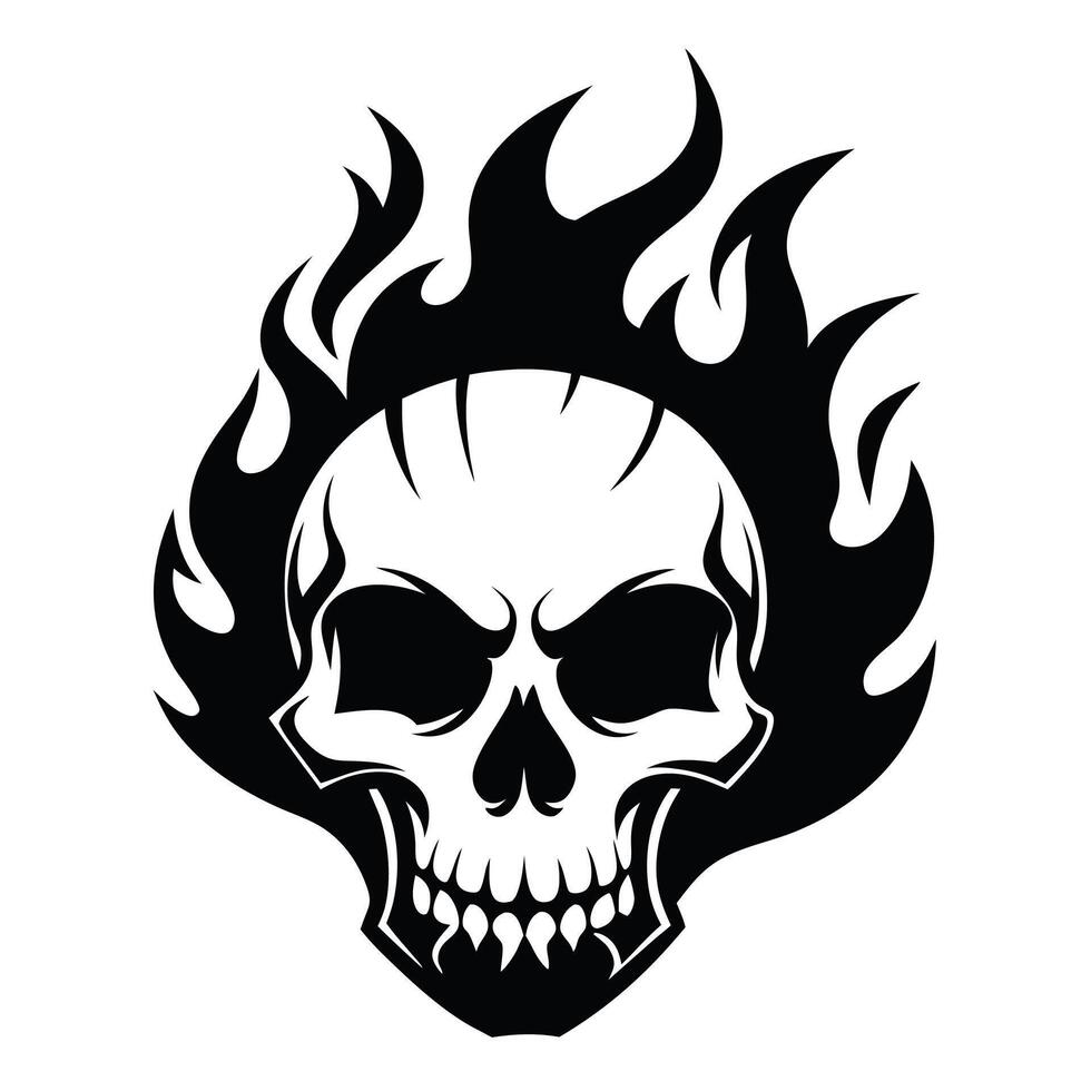 Fire skull with heat black and white silhouette skull with flames on it is shown in this illustration vector