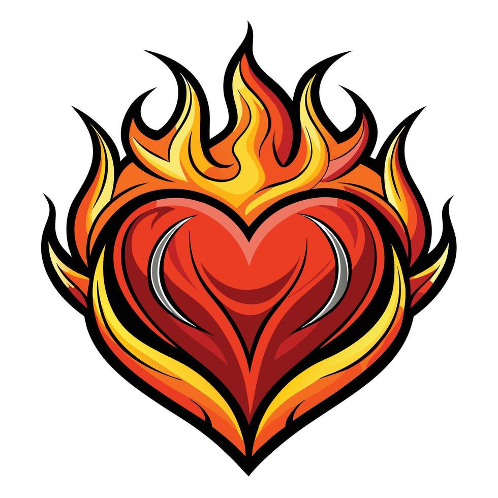 Heart with fire, flames on top convey heat power heart with flames and flames on it vector