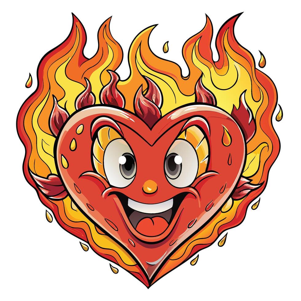 Heart with fire, flames on top convey heat power a cartoon kawaii heart with flames and flames vector