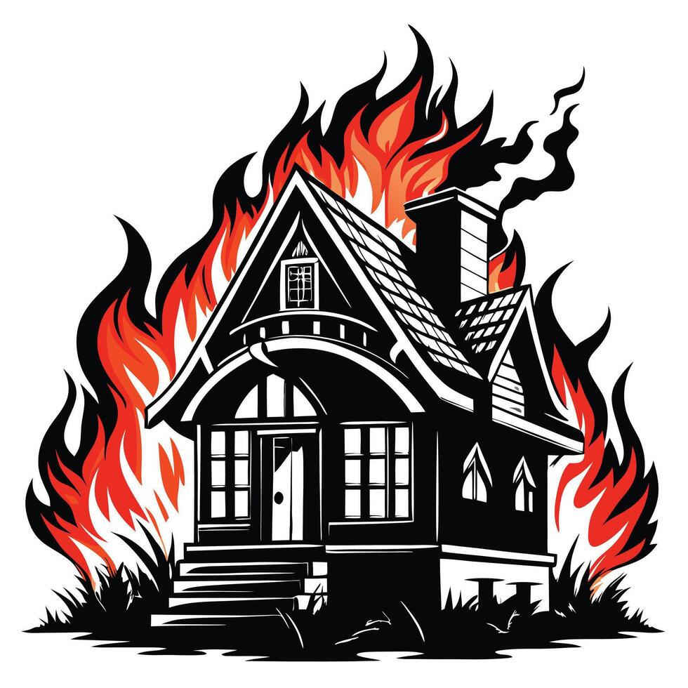 a house on fire with flames and smoke vector