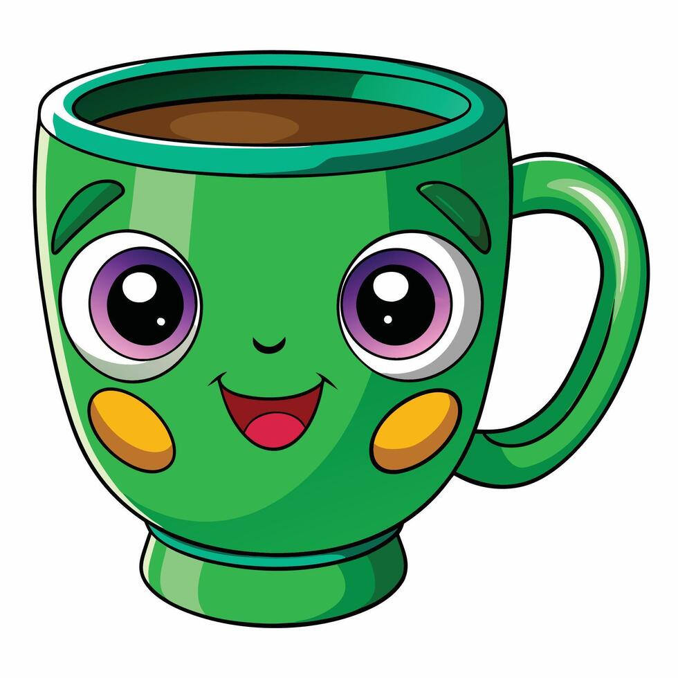 Coffee mug with cute face Kawaii style illustration isolated on white background. vector