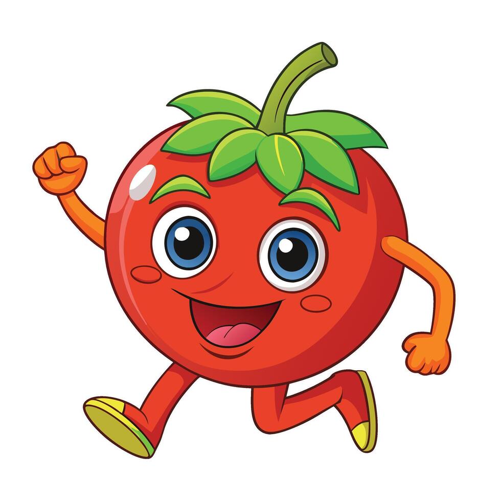Cartoon strawberry Kawaii style tomato character running illustration isolated on white background. vector