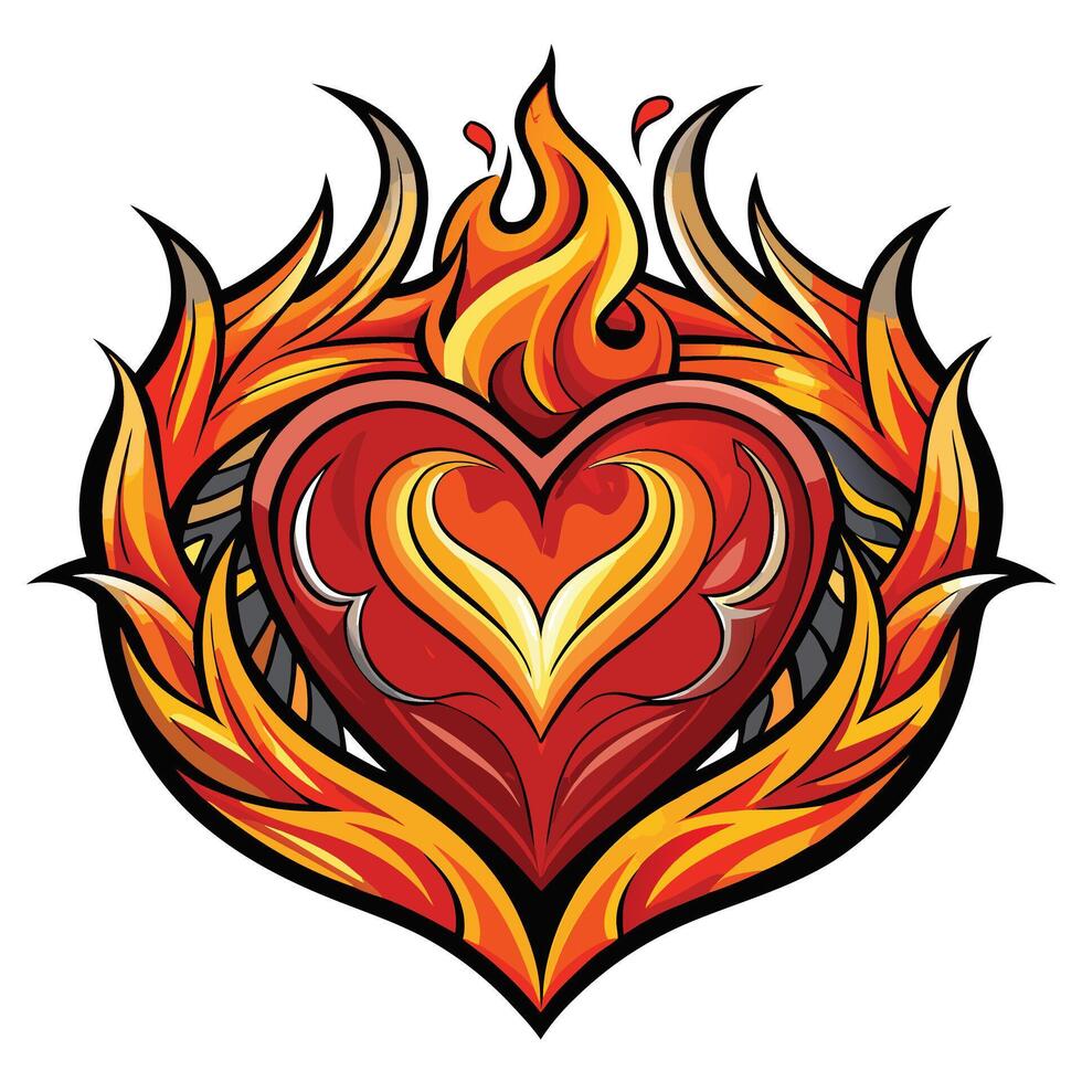 Heart with fire, flames on top convey heat power a heart with flames and wings vector