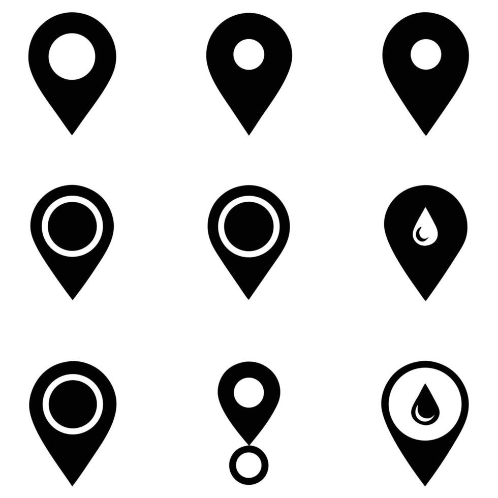 Collection of Nine Diverse Black Location Pin Icons vector