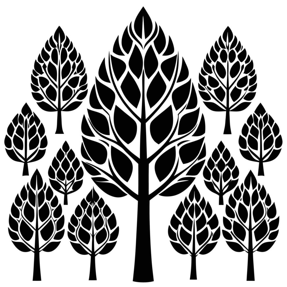 Collection of Stylized Black Tree Silhouettes of Varying Sizes vector