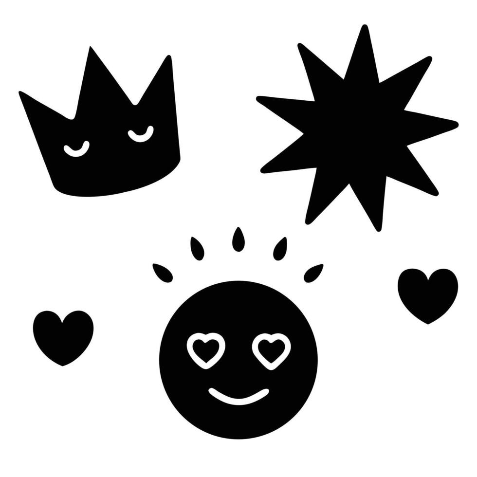 Black and White Cute Cartoon Sun Crown and Hearts Design vector