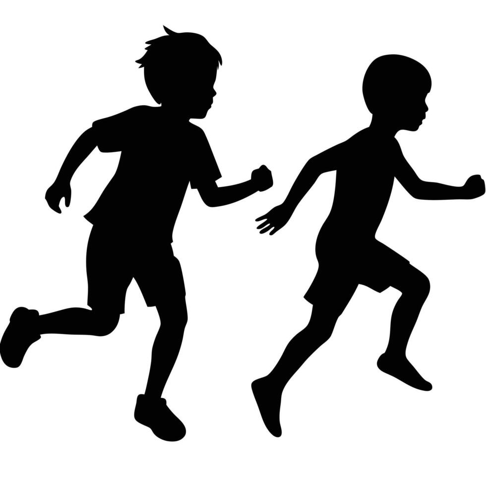 Silhouette of Two Boys Running Energetically Outdoors vector