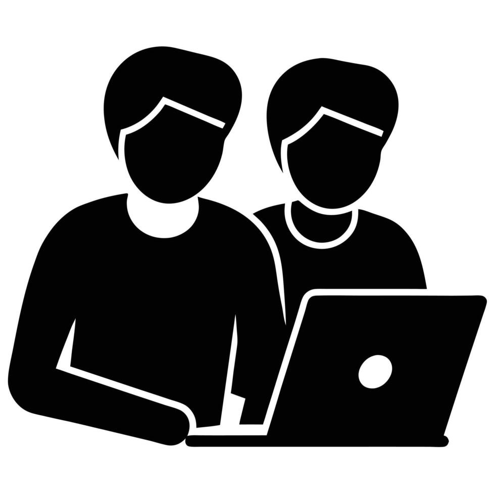 Two People Collaborating on a Laptop Computer vector