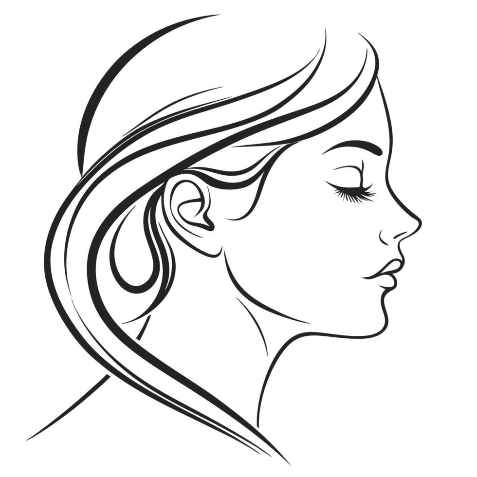 Elegant Line Art Profile of a Woman with Long Hair design vector