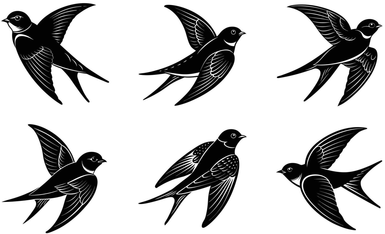 Six Black Silhouettes of Swallows in Flight vector