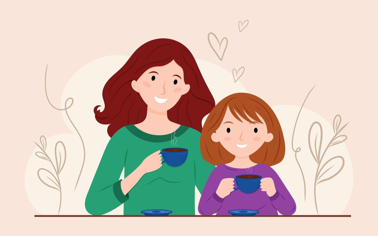Mother and daughter enjoying warm drinks at home in cozy setting vector