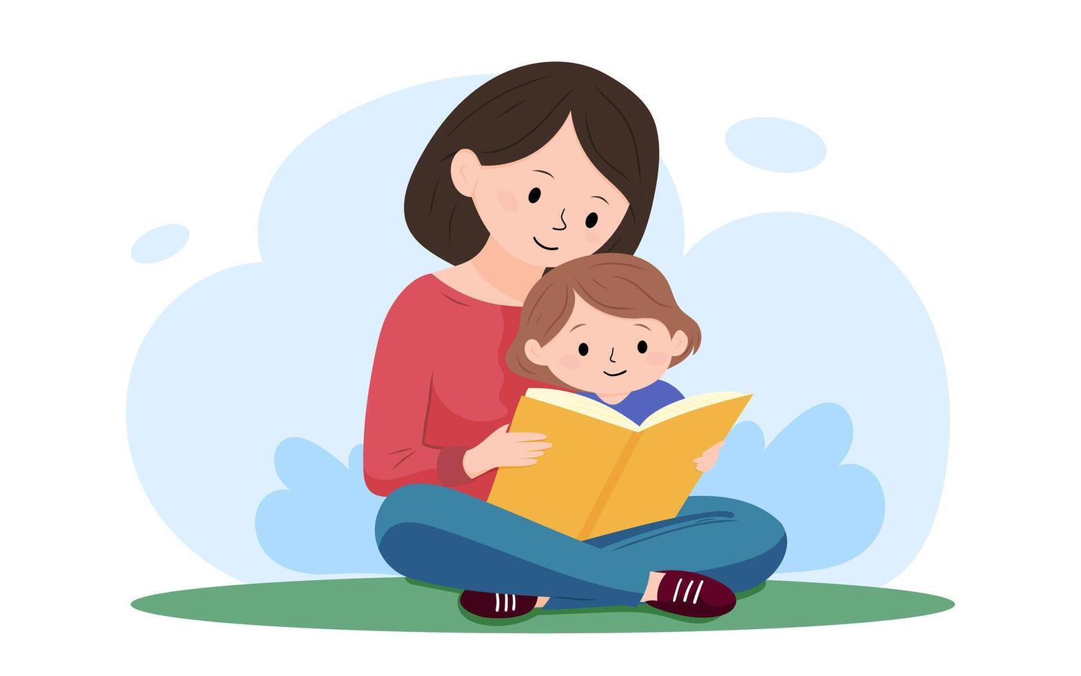 Happy mom and child reading book together, family time and learning concept vector