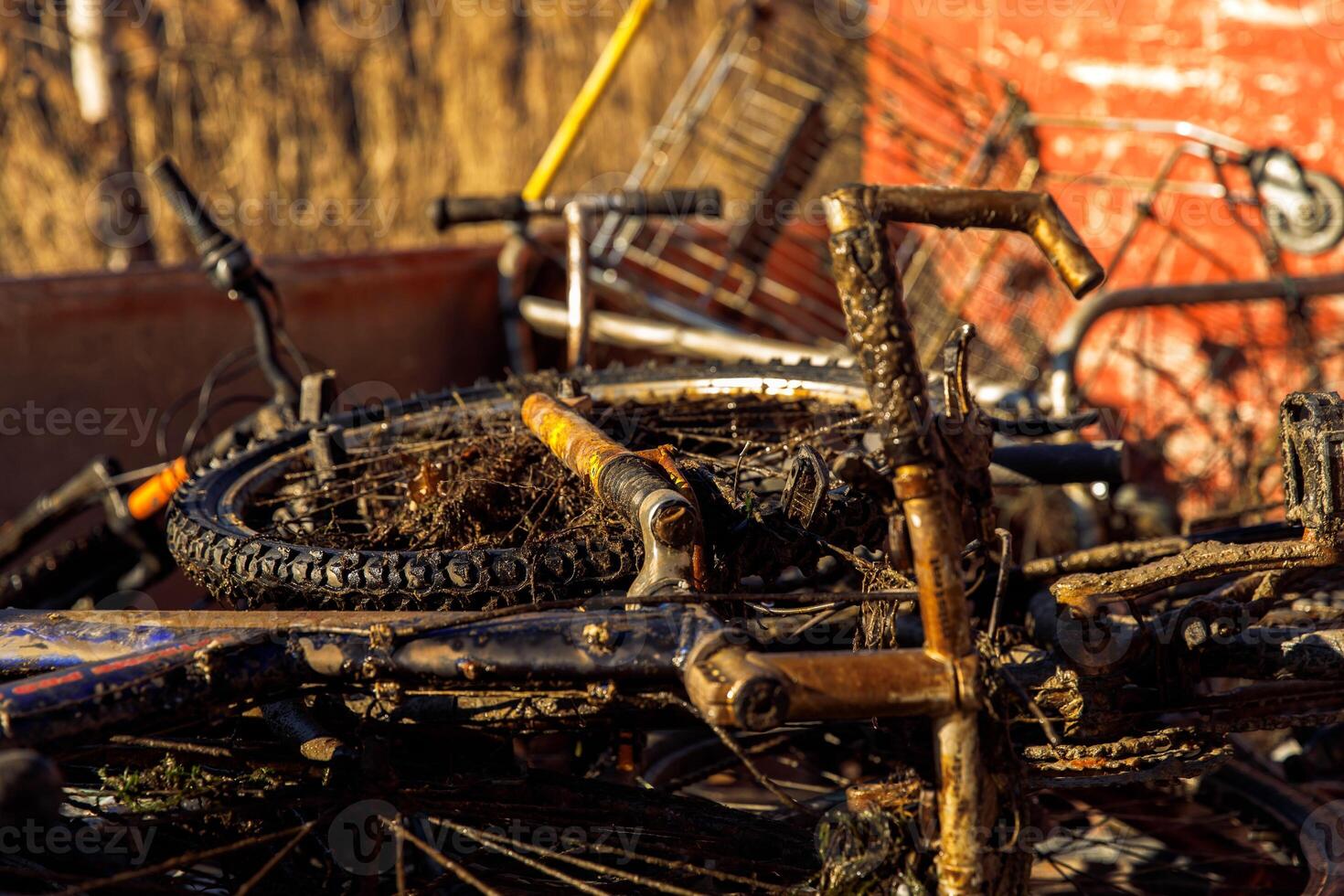 Rusty bike pile abandoned bicycles in muddy urban setting against weathered wall photo