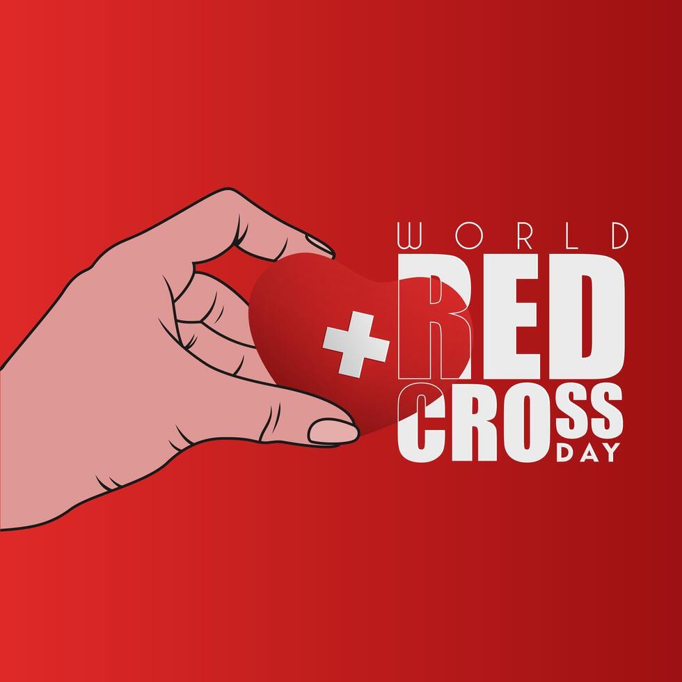 World red cross day design background. May 8. Hand holding red cross sign on red background vector