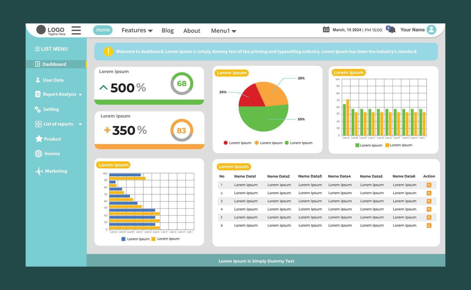 website dashboard template with elegant and modern look vector