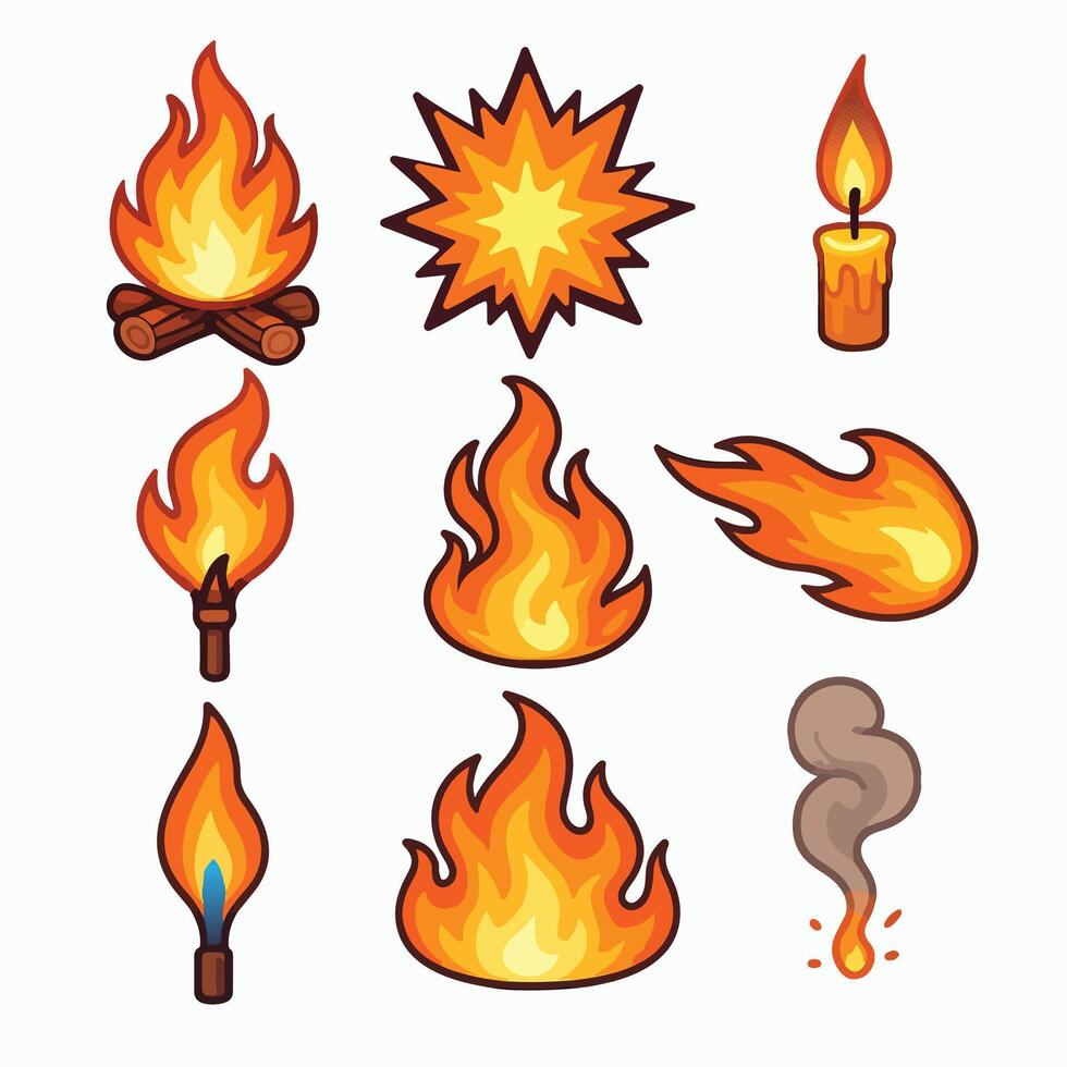 fire and flame icons set, cartoon style illustration vector