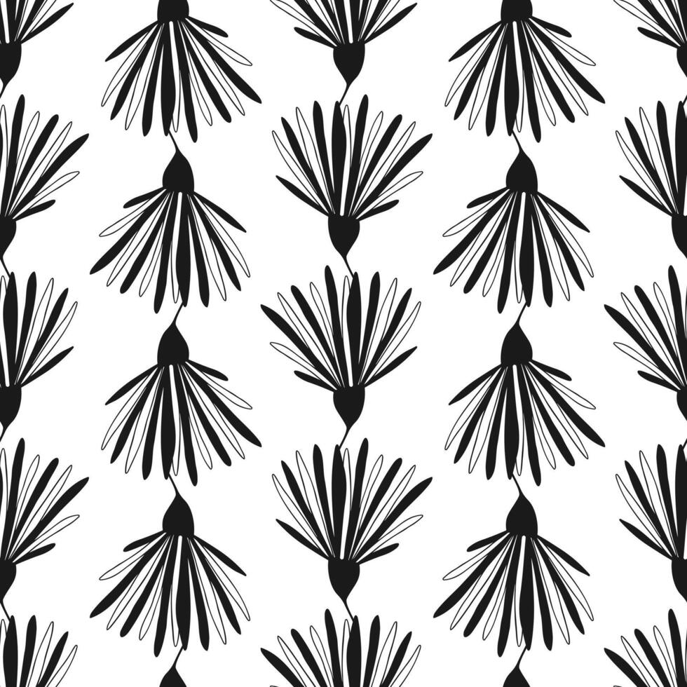 Black and white, pattern with black silhouette flowers hand drawn, doodle botanical. Textile. vector