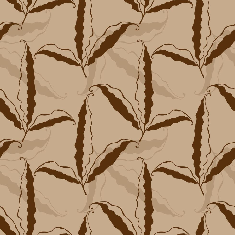 Cocoa pattern with leaves or pods of plant, brown background. Botanical design, textile. vector