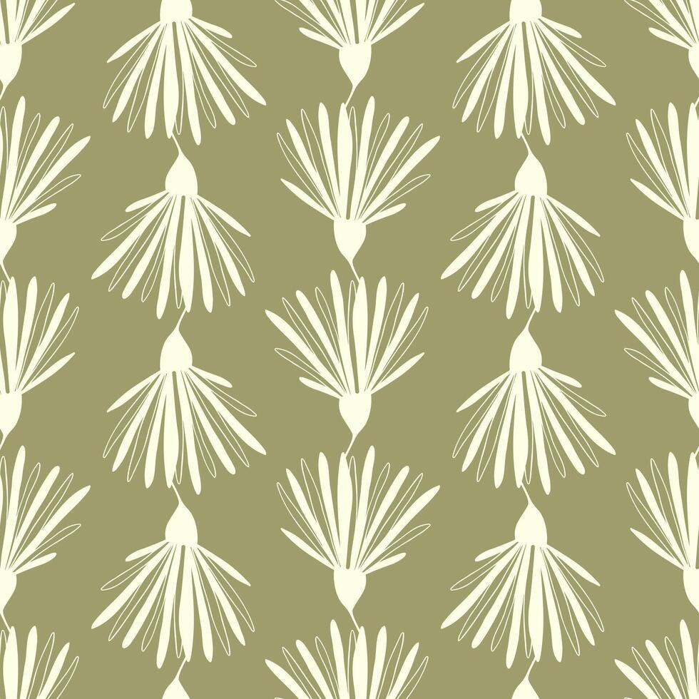 Flowers ornament pattern, hand drawn doodle creme flowers on pastel green background. Botanical design. vector