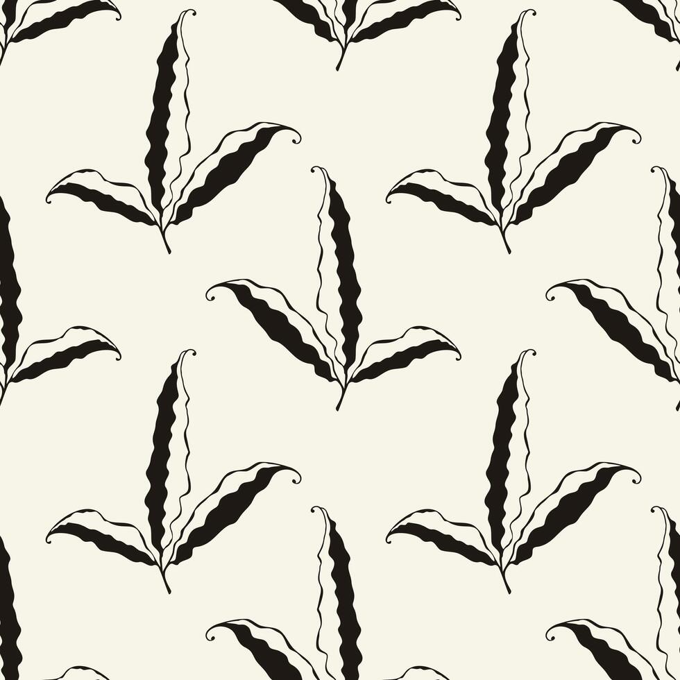 Creme pattern with leaves or pods of plant, dark stylized doodles on beige background. Botanical design, textile. vector