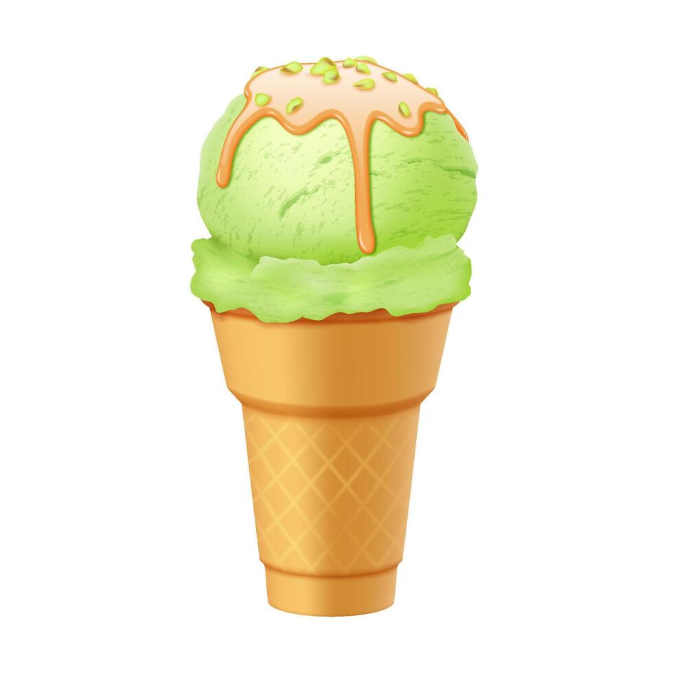 Illustration of green ice cream cone topped with orange drizzle and nuts. Bright colors create an appetizing look. Ideal for dessert menus or summer promotions. White background enhances focus. vector