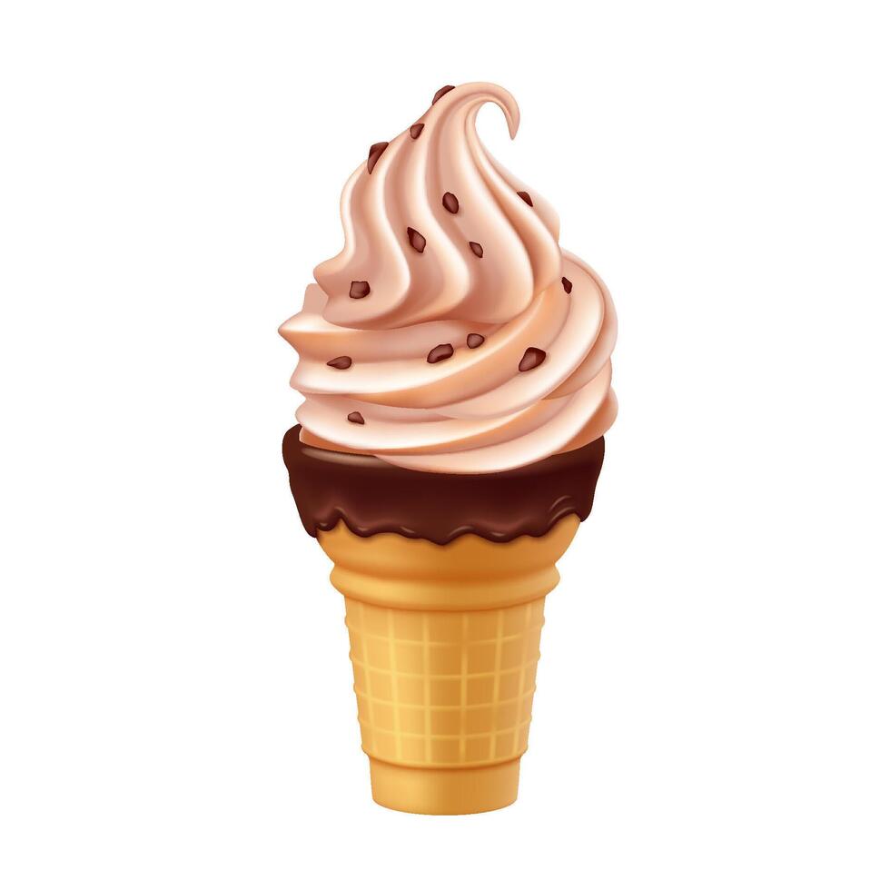 Illustration of a chocolate ice cream cone with chocolate topping. Soft serve with rich chocolate swirls on white background. Perfect for dessert menus or summer promotions. vector