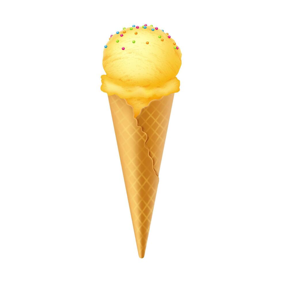 Illustration of yellow ice cream cone with colorful sprinkles isolated on white background. Perfect for summer themes and dessert promotions. Bright and cheerful. vector