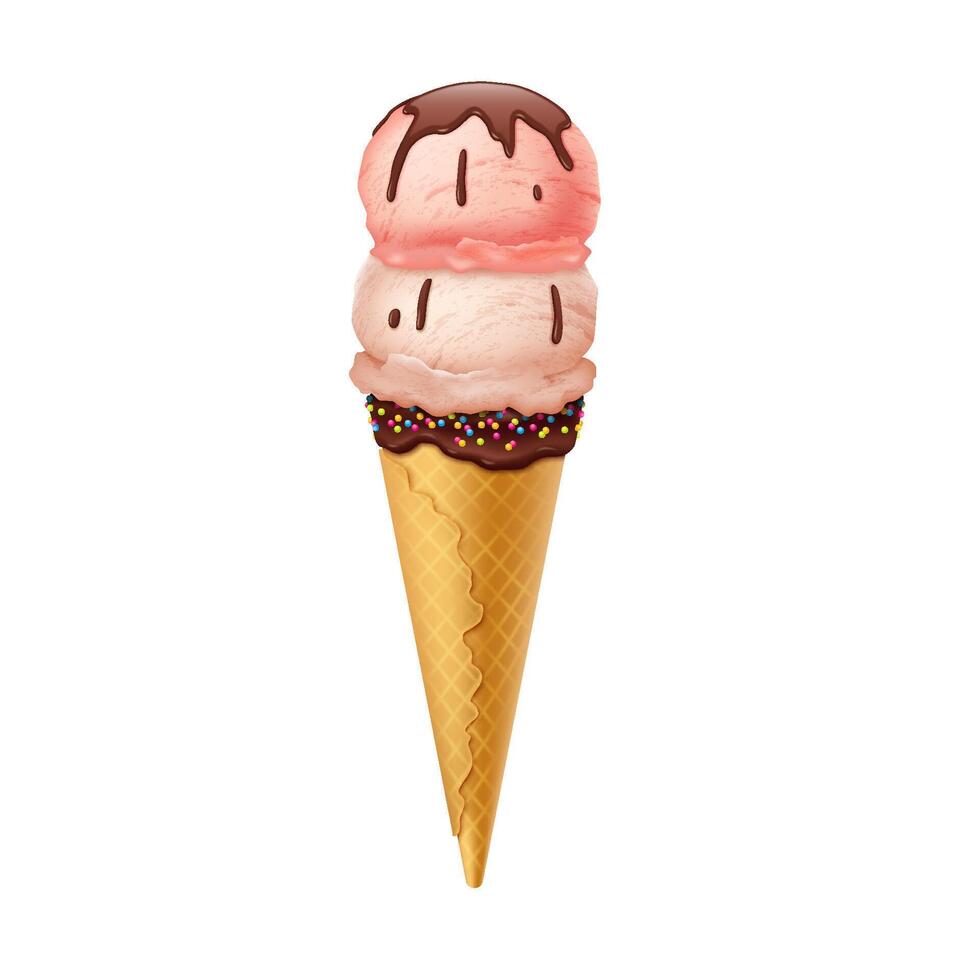 Realistic illustration of ice cream cone topped with scoops drizzled with chocolate and sprinkles. Pink and creamy colors evoke sweet sensation perfect for summer treats. vector