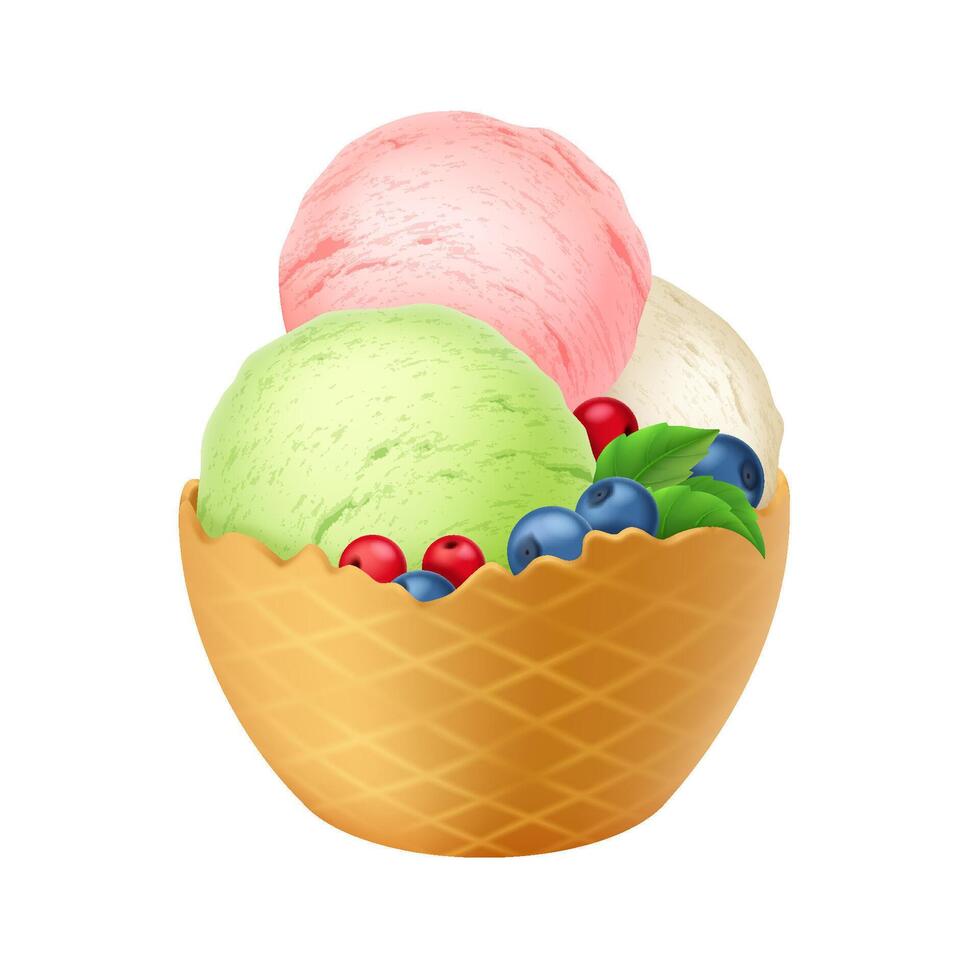 Illustration of colorful ice cream scoops in waffle bowl. Pink green vanilla flavors combined with fresh blueberries red currants leaves. Perfect for summer food promotional design dessert menu. vector