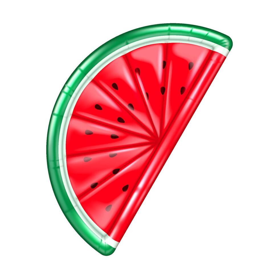 Illustration of vibrant watermelon slice inflatable float in shades of red and green depicting summer fun and relaxation on white background. Suitable for beach and pool enthusiasts. vector