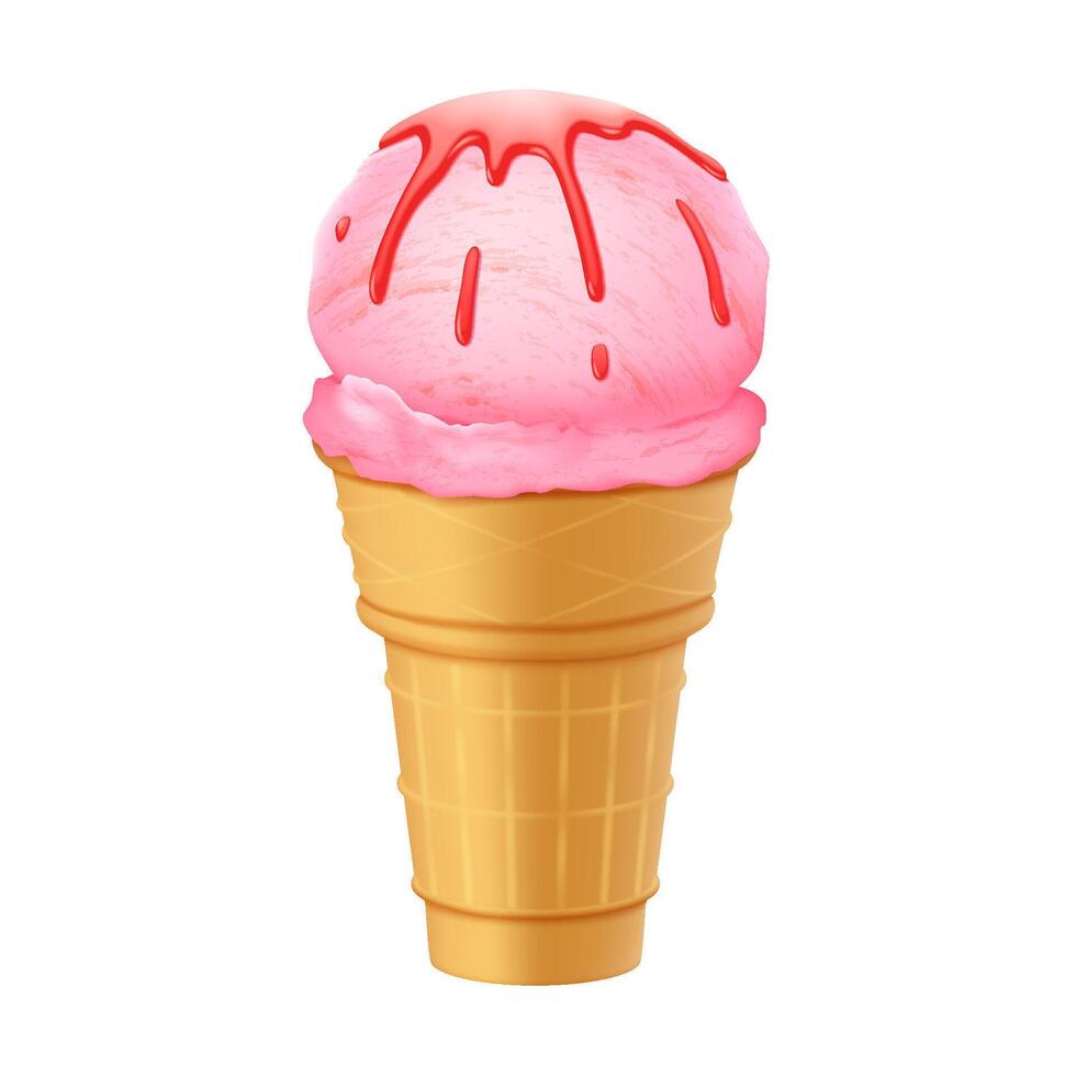 Realistic illustration of strawberry ice cream cone with red syrup on white background. Sweet and delicious visual. Perfect for summerthemed designs or dessert menus. Bright and appetizing. vector