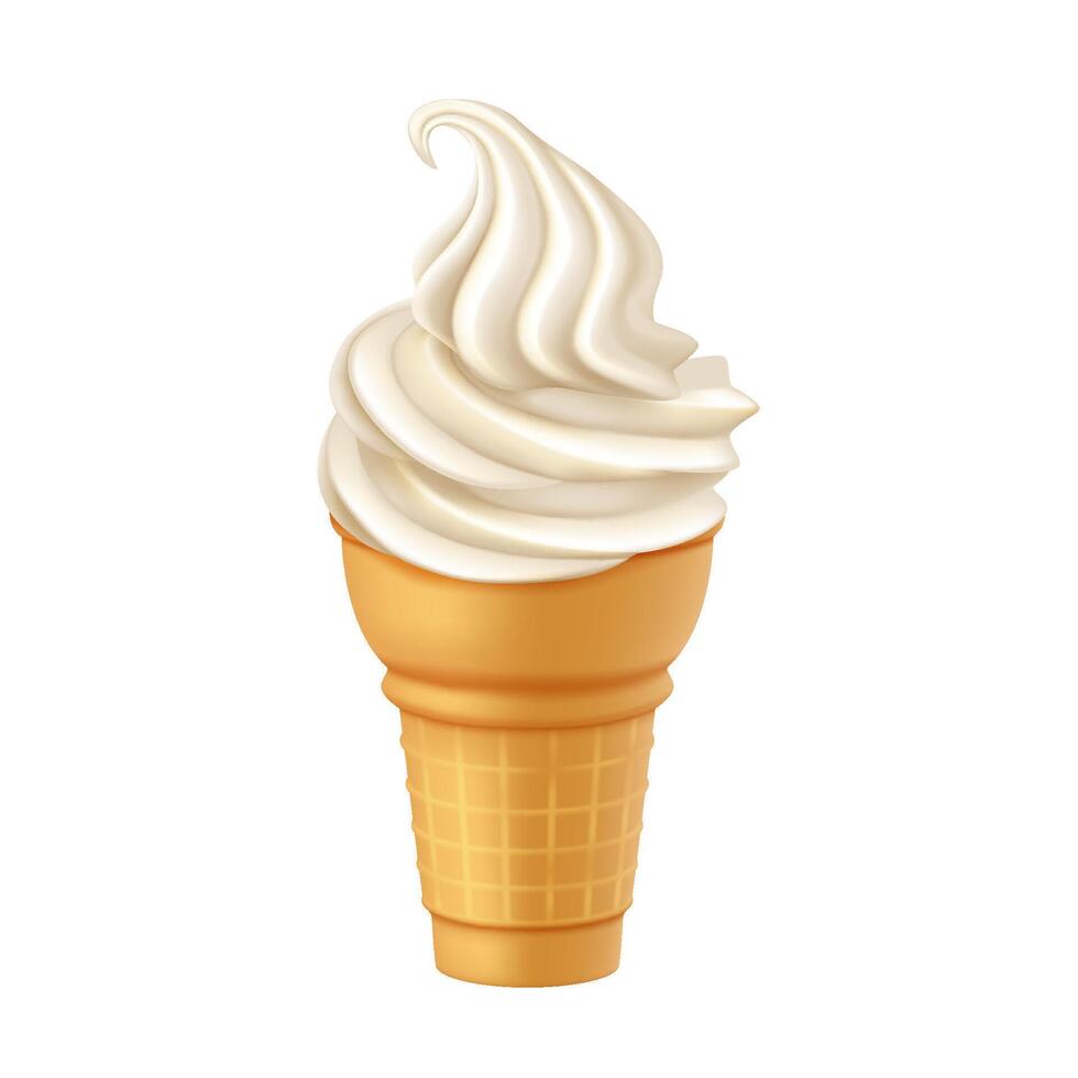 Soft serve ice cream cone in vanilla flavor. Smooth texture enhances creamy delight. Perfect dessert treat with a hint of classic nostalgia. Isolated on white background. vector