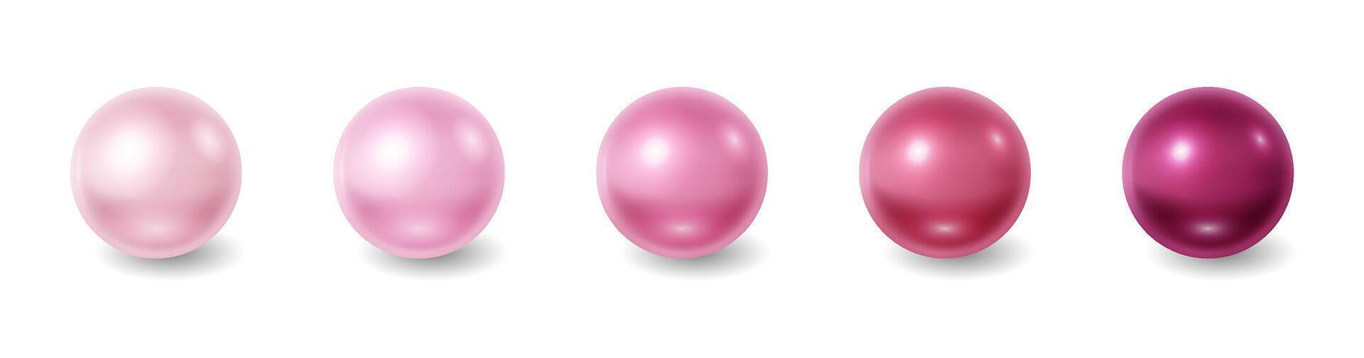 Five pink pearls in various shades from light to dark in a gradient style set against a crisp white background representing elegance and luxury with copy space vector