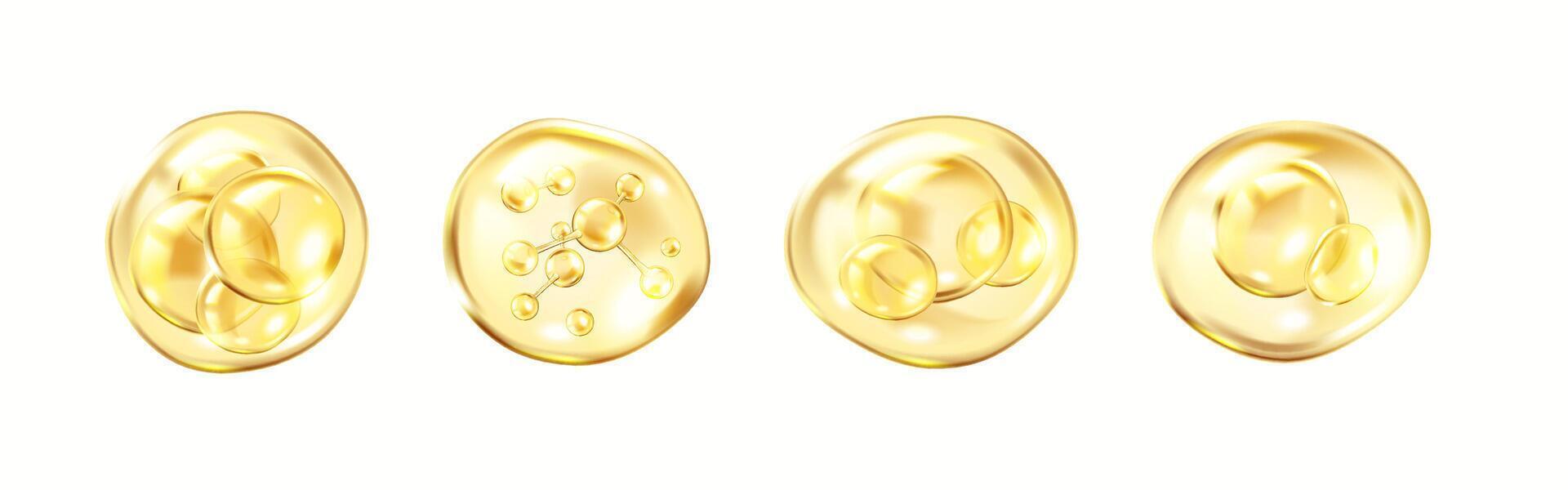 Collagen molecules and spheres in golden bubbles realistic color icons set. Components for moisturizing skin 3d objects bundle on white vector