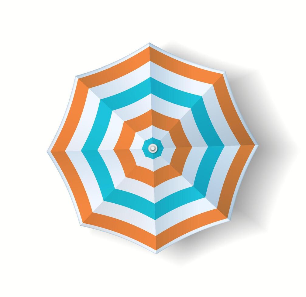 Top view of striped beach umbrella vibrant orange blue white colors providing shade relaxing summer vacation mood with shadow effect ideal for travel ads beach resorts vector