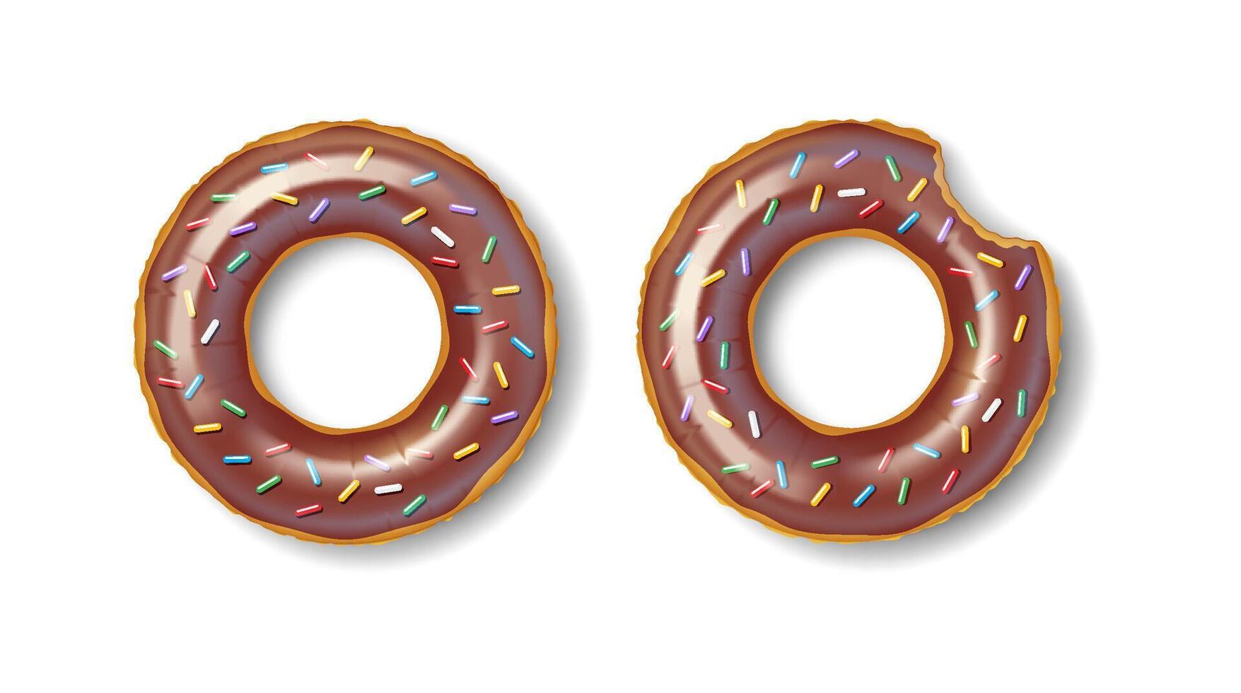 Inflatable swim ring. Illustration of two chocolateglazed donuts decorated with vibrant colorful sprinkles one with a bite taken out placed on a white background perfect for sweet tooth cravings. vector