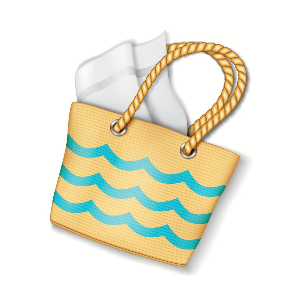 Colorful illustration of a beach tote bag with a wavy pattern and towel, isolated on a white background. Perfect for summer themes, travel, and vacation concepts. vector