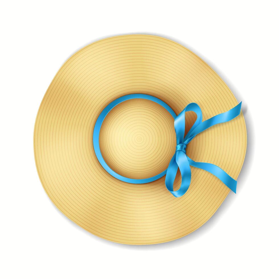 Illustration of yellow widebrimmed sun hat accented with vibrant blue ribbon creating elegant summer accessory against white background vector