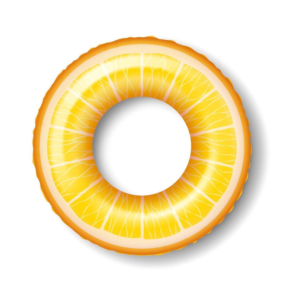 Bright yellow citrus slice shaped round pool float stands out against clean white background, perfect for summer relaxation by pool or beach, playful design evokes fun and leisure. vector