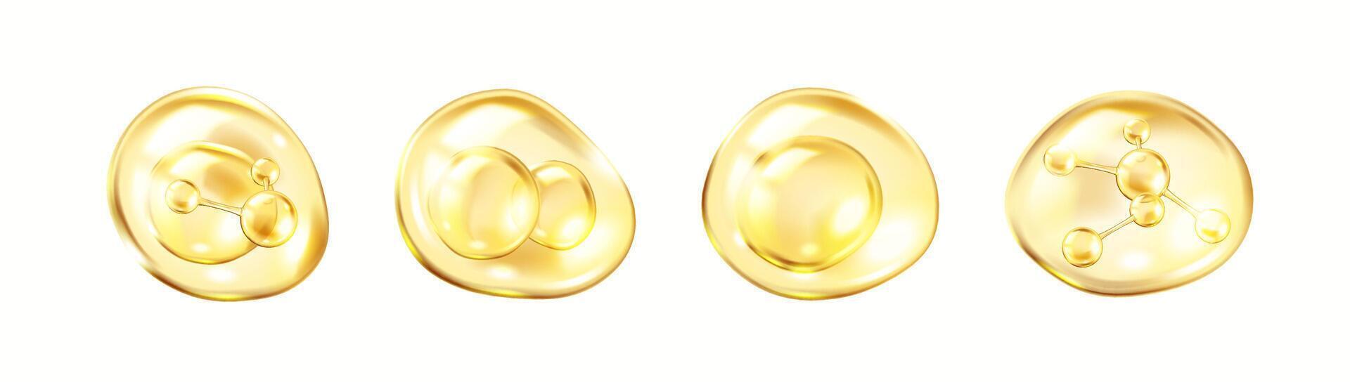 Collagen molecules for skin elasticity realistic color icons set. Golden bubbles with rejuvenating effects 3d objects bundle on white vector